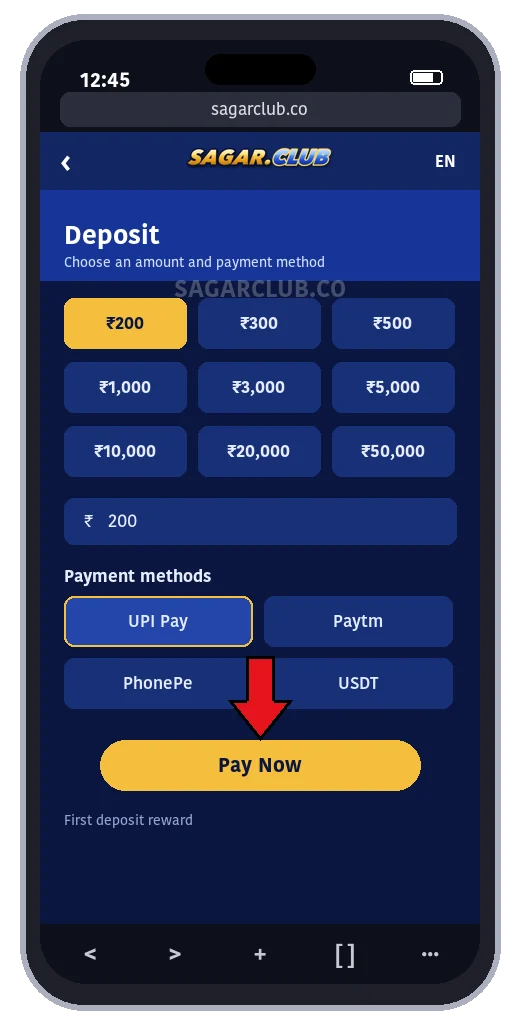 Sagar Club deposit page