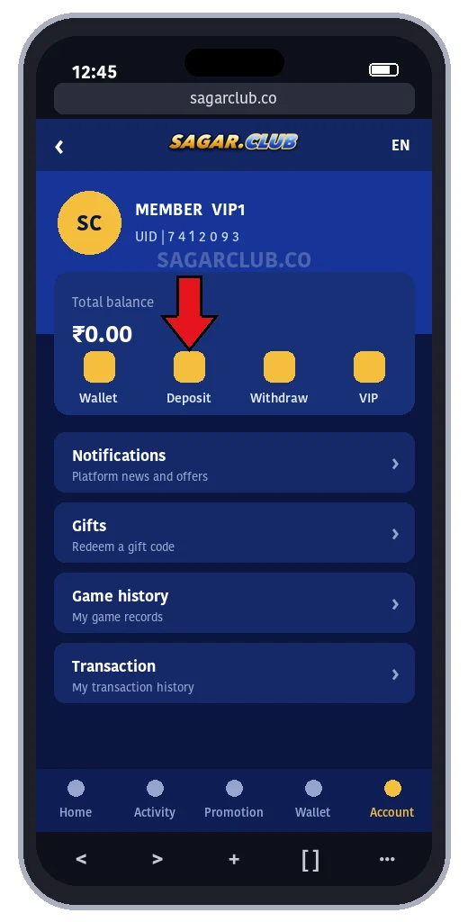 Sagar Club deposit option