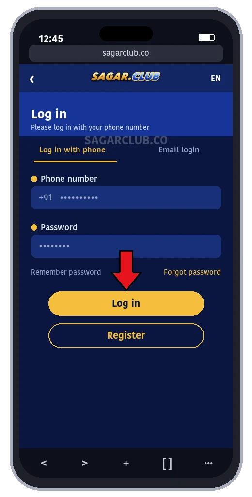 Sagar Club login page