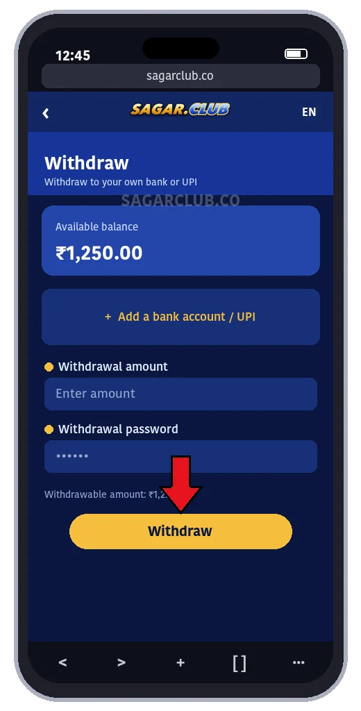 Sagar Club withdrawal page